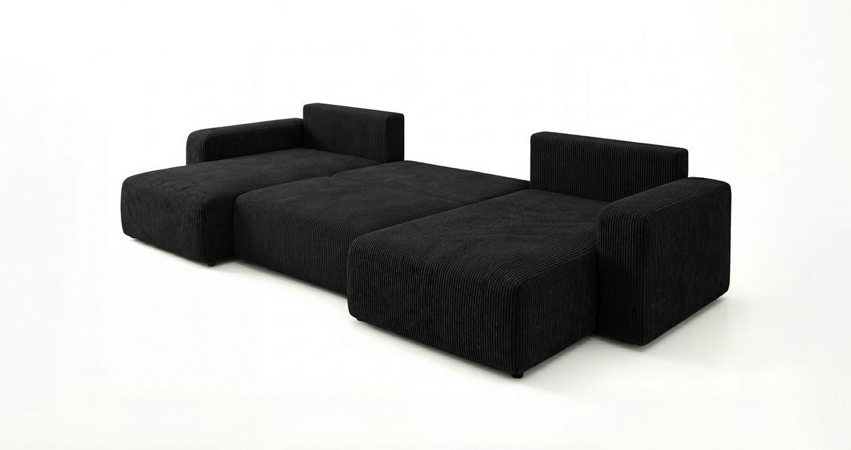 WOHNLANDSCHAFT BERLIN U-Form schwarz Cord Poso 135 - Schlaffunktion, Bettkasten - Schwarz, Textil (385/86/185cm) - Cornero