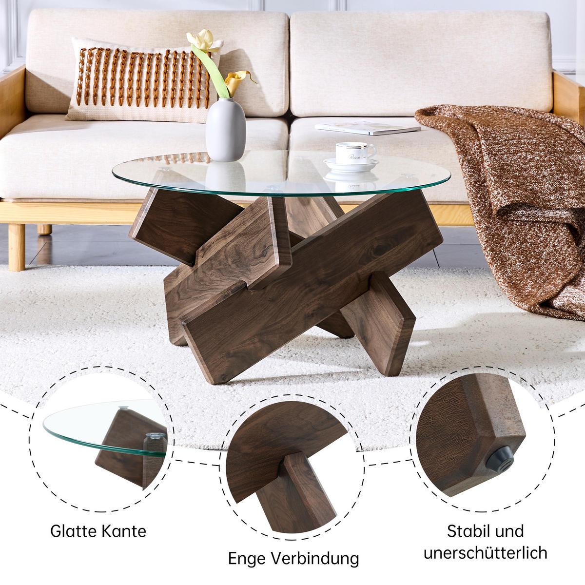 COUCHTISCH mit Glasplatte MDF Walnussoptik rund Kreuzgestell stabil 79 cm modern - Transparent/Walnussfarben, Glas/Holzwerkstoff (79/79/45cm) - EVRYAE