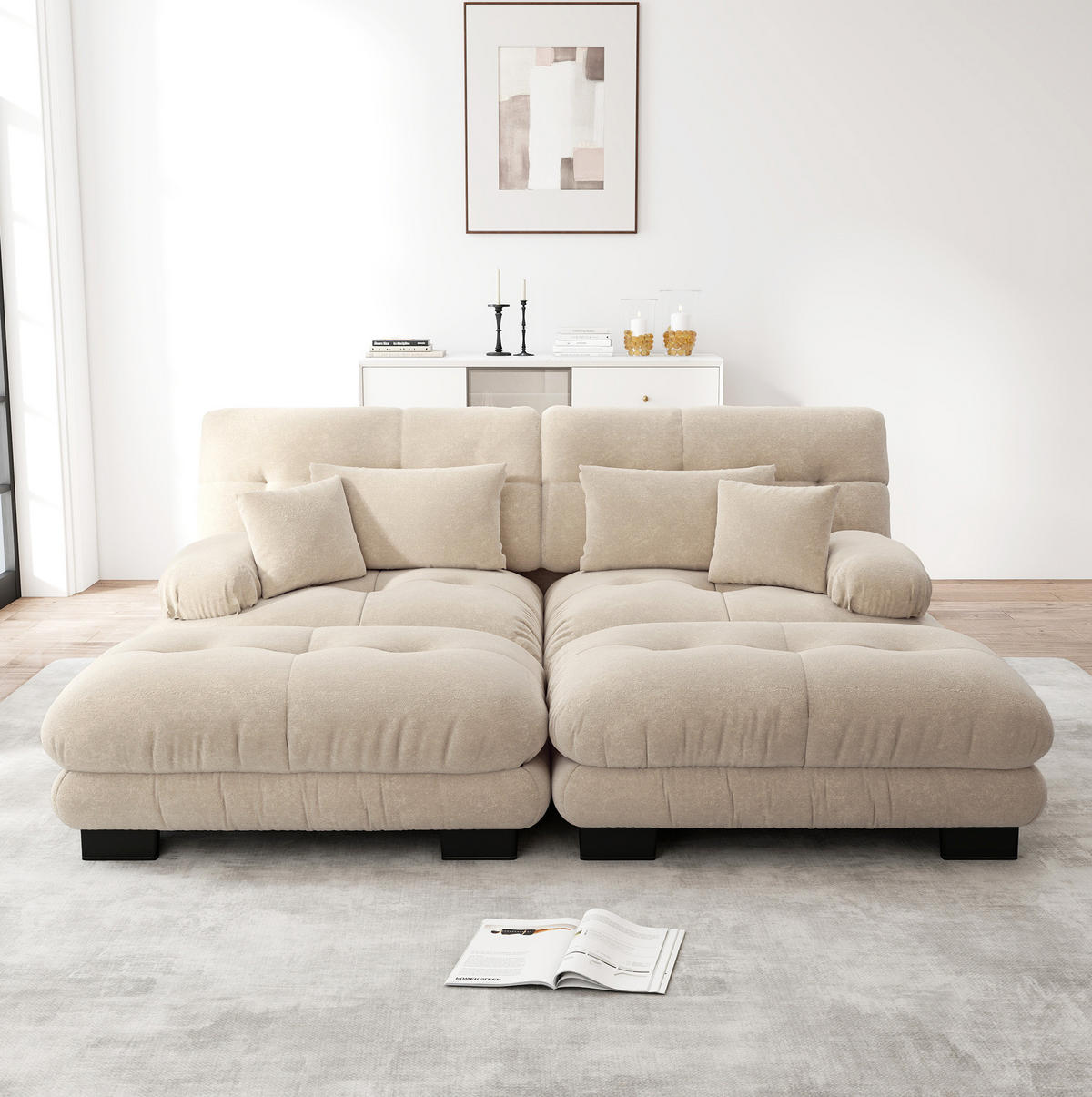 SOFA modular mit Ottomans Chenille Light Coffee - Beige, Kunststoff (145/81/220cm) - Meubliv