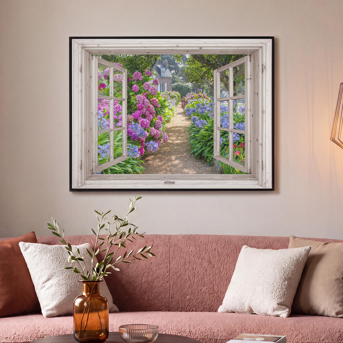 LEINWAND Bilder mit Rahmen - Hortensie - Durchsichtig - Blumen - Sommer - Lila - Weg - 100x70 - Lila, Textil (100/70cm) - MuchoWow