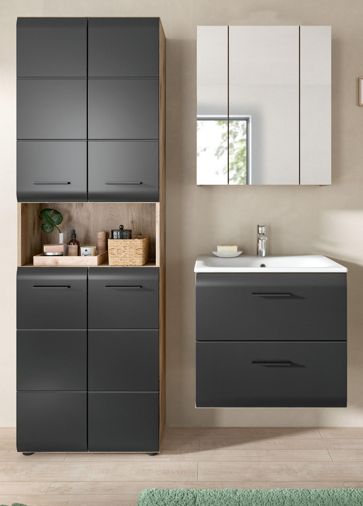 BADMÖBEL-SET schwarz matt, Nox Eiche 3-teilig, Badkombination inklusive Waschbecken - Eichefarben/Schwarz, Glas/Holzwerkstoff (135/185/46cm) - Inn.Furn