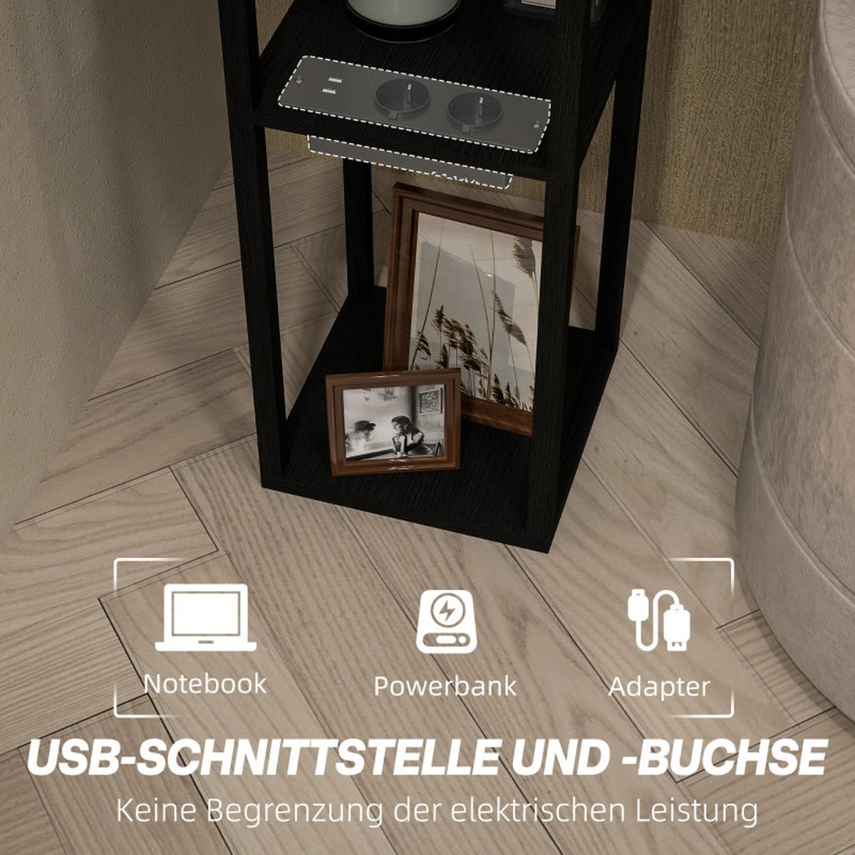 STEHLEUCHTE 26/26/159 cm Schwarz mit 3 Fächern, E27 Sockel, USB-A, USB-C Anschlüssen, ohne Glühbirne - Schwarz, Holz (26/26/159cm) - Oxeza