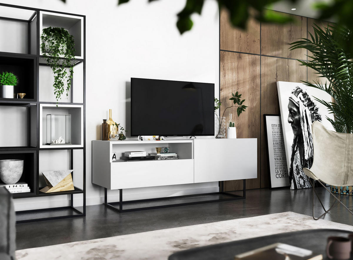 TV-SCHRANK Enjoy Weiß matt mit Metallrahmen Schublade 120 cm - Schwarz/Weiß, Holzwerkstoff/Metall (120/46/35cm) - Meble Lindner