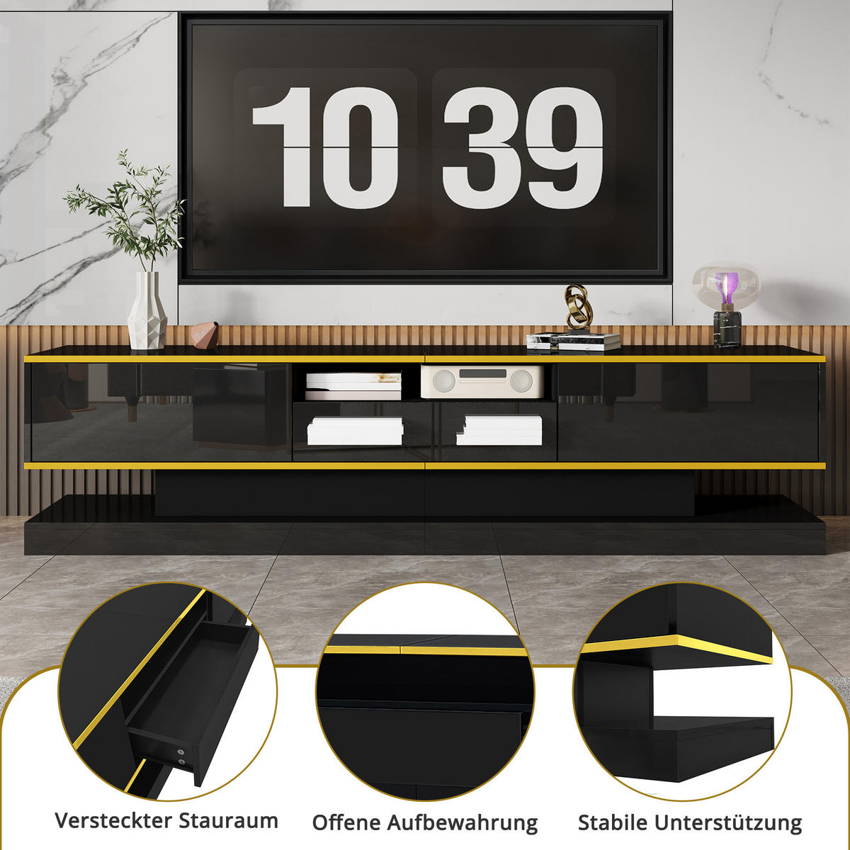 TV STOLEK černý a zlatý, 3 zásuvky, LED osvětlení, do obývacího pokoje, 180×38×45 cm - černá, kov/kompozitní dřevo (180/45/38cm) - STILVORA