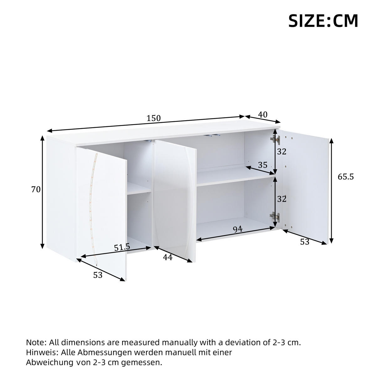 KUCHYŇSKÁ SKŘÍŇ bílá se 3 lesklými LED dvířky, úložná skříň z dřevotřísky, 150 × 40 × 70 cm - bílá, kov/kompozitní dřevo (150/70/40cm) - STILVORA