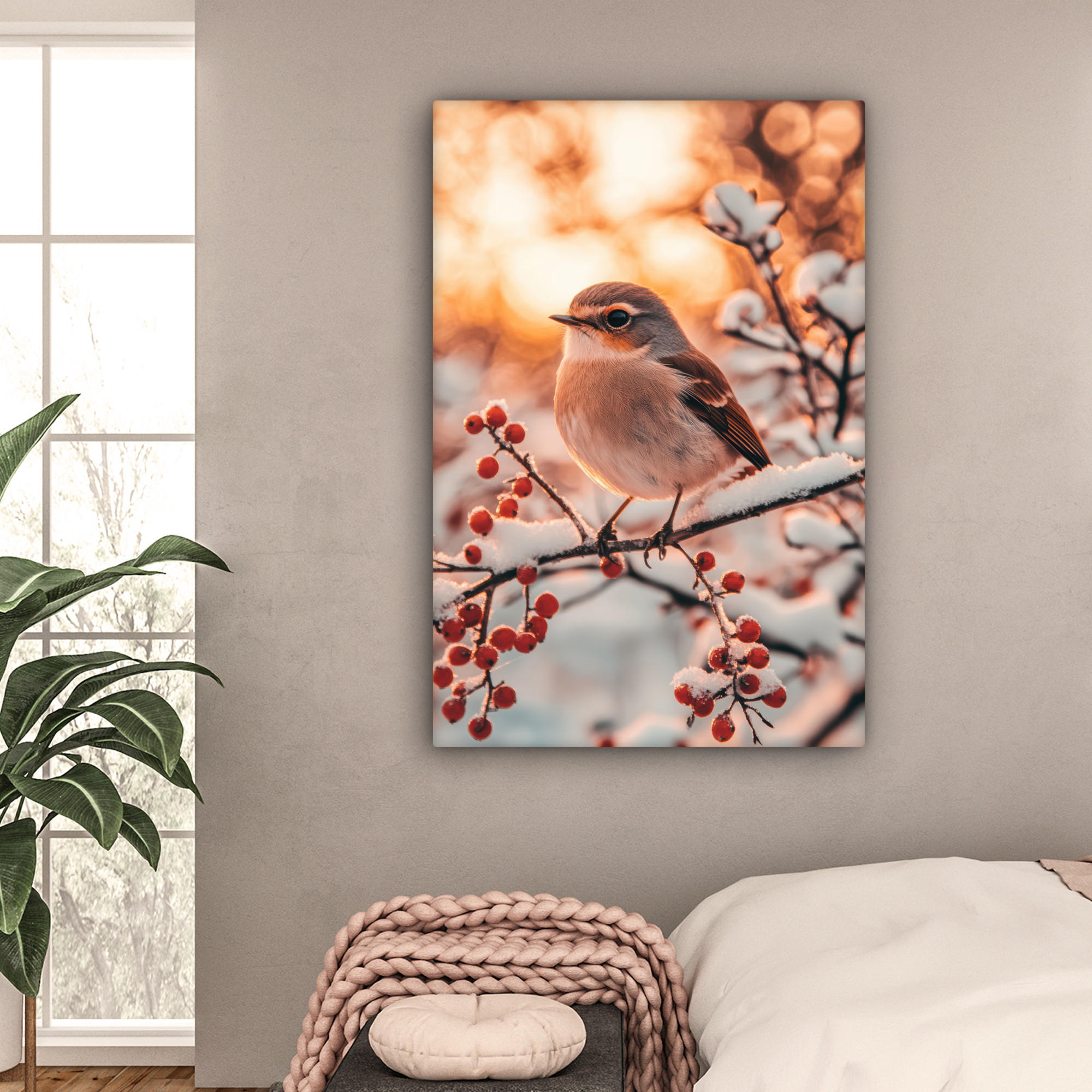 LEINWANDBILD Vogel - Zweig - Winter - Tiere - Schnee 90x140 cm - Bernsteinfarben, Textil (90/140cm) - MuchoWow