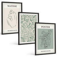 BILDER SET 3er Set - 40x60 cm Schwarzer Rahmen - Linien, Pflanzenmuster, Minimalismus - Schwarz, Kunststoff (40/60cm) - TULUP