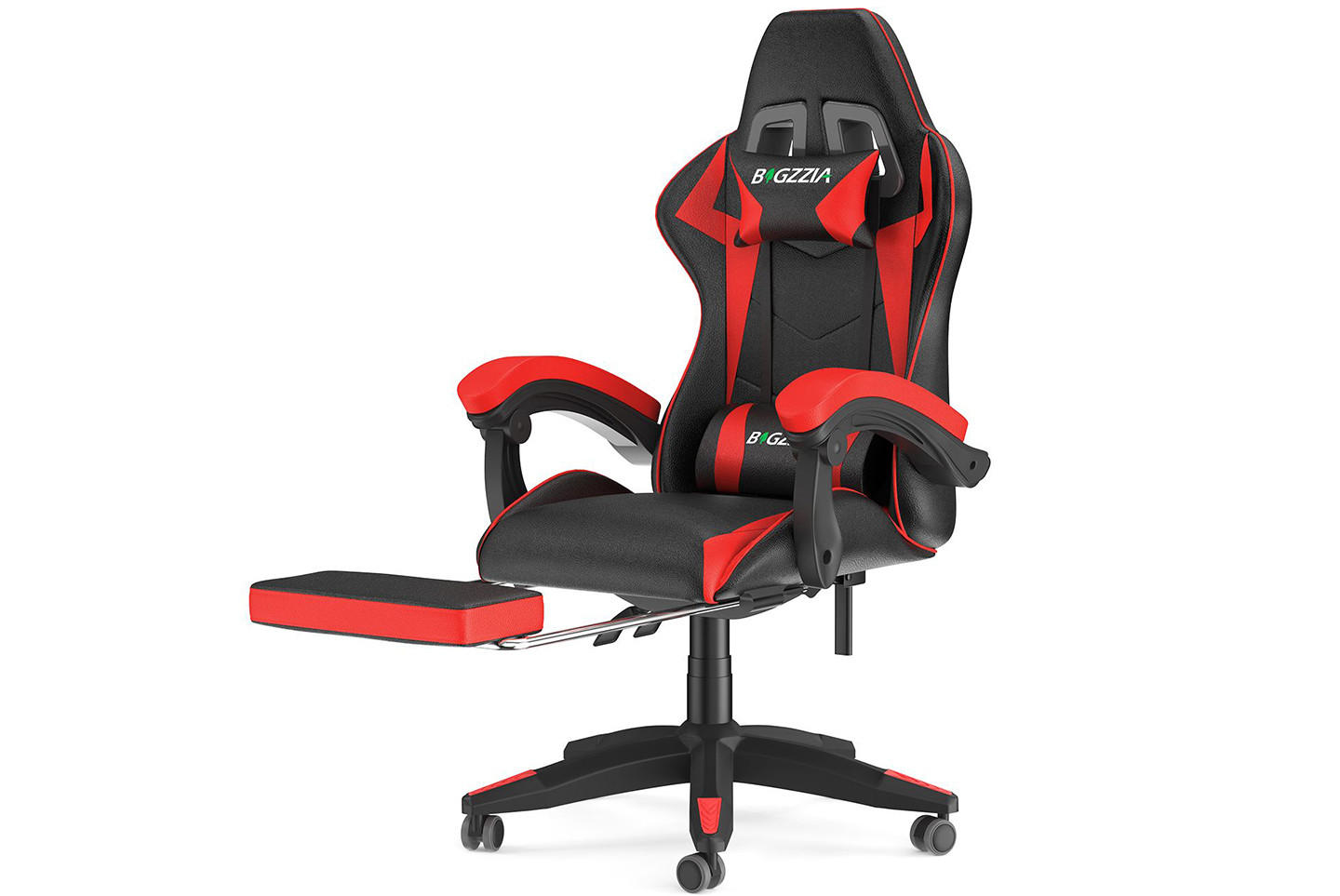 GAMING-STUHL höhenverstellbar, Fußstütze, Lendenkissen – Schwarz/Rot - Rot, Leder (50/134/50cm) - Rattantree