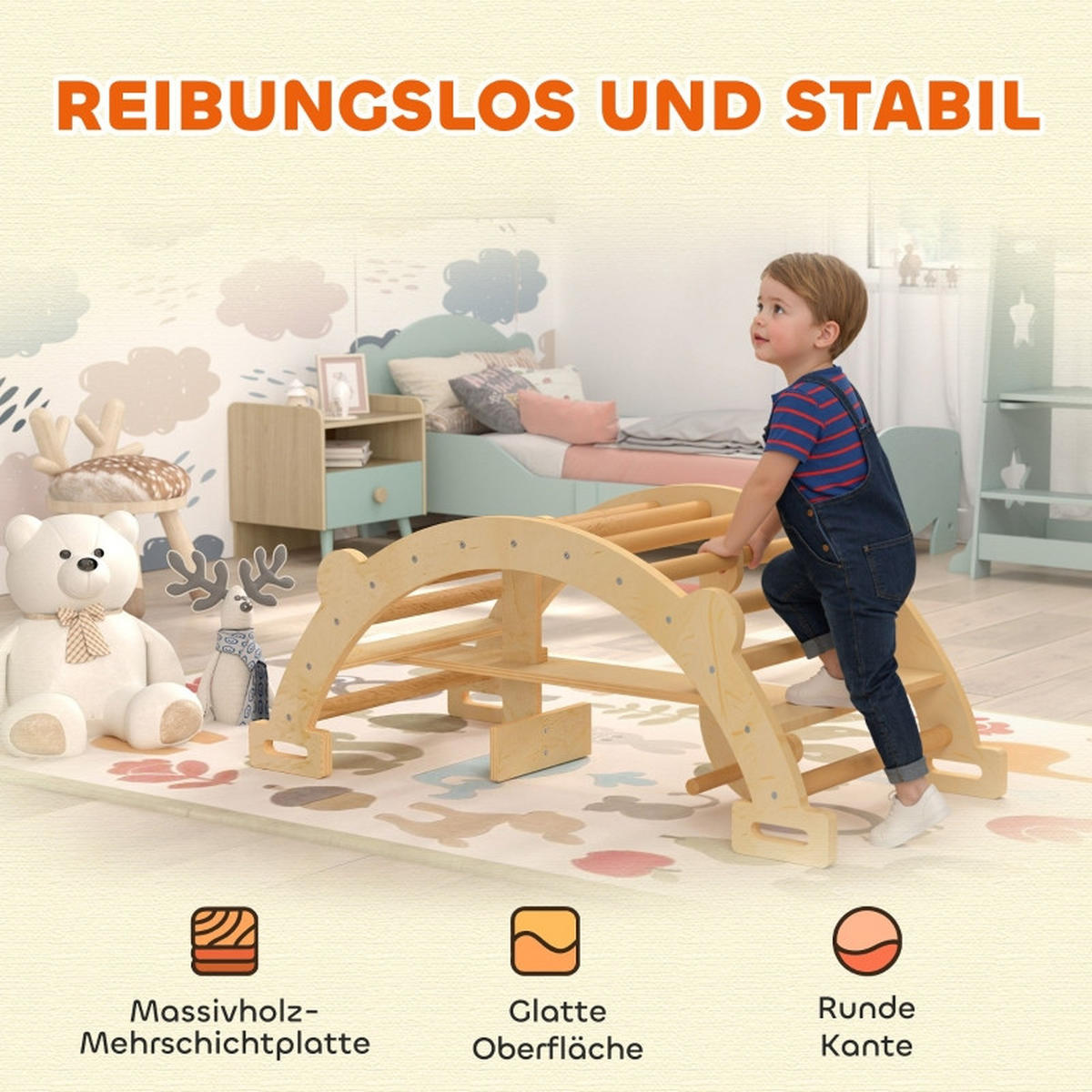 MONTESSORI Klettergerüst Indoor, mit 2 in 1 Kletterbogen aus Holz, 110x52x45 cm, Naturholz - Eschefarben, Holz (52/45/110cm) - Hauptrolle