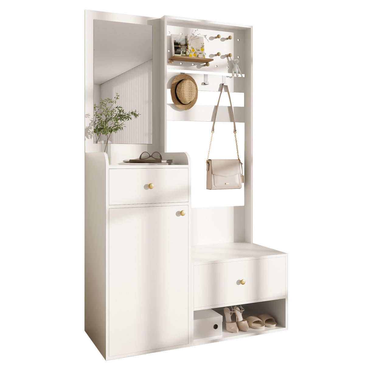 GARDEROBE 105 cm Spiegel Haken Stauraum - Weiß, Holzwerkstoff (105/180/38cm) - LEBENLANG