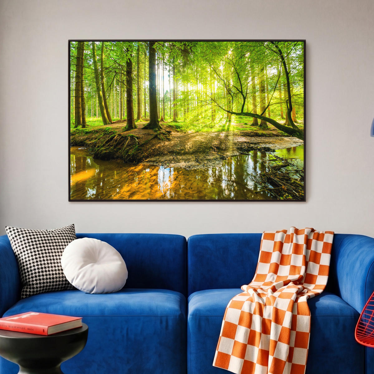 LEINWAND Bilder mit Rahmen - Wald - Landschaft - Wasser - Bäume - Sonne - Grün - Natur - 90x60 - Grün, Textil (90/60cm) - MuchoWow