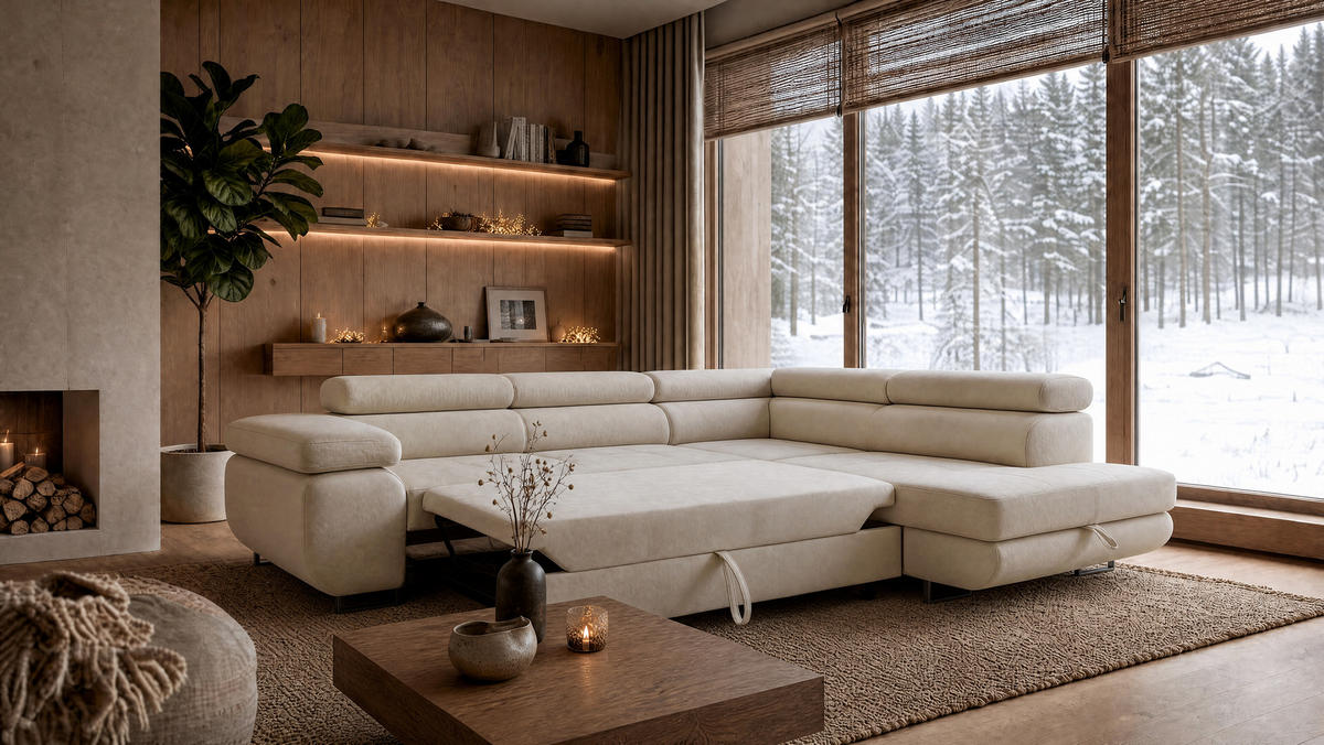 ECKSOFA Velmo mit Bettkasten und Schlaffunktion, verstellbaren Kopfstützen, in L-Form - Beige, Textil (275/203cm)