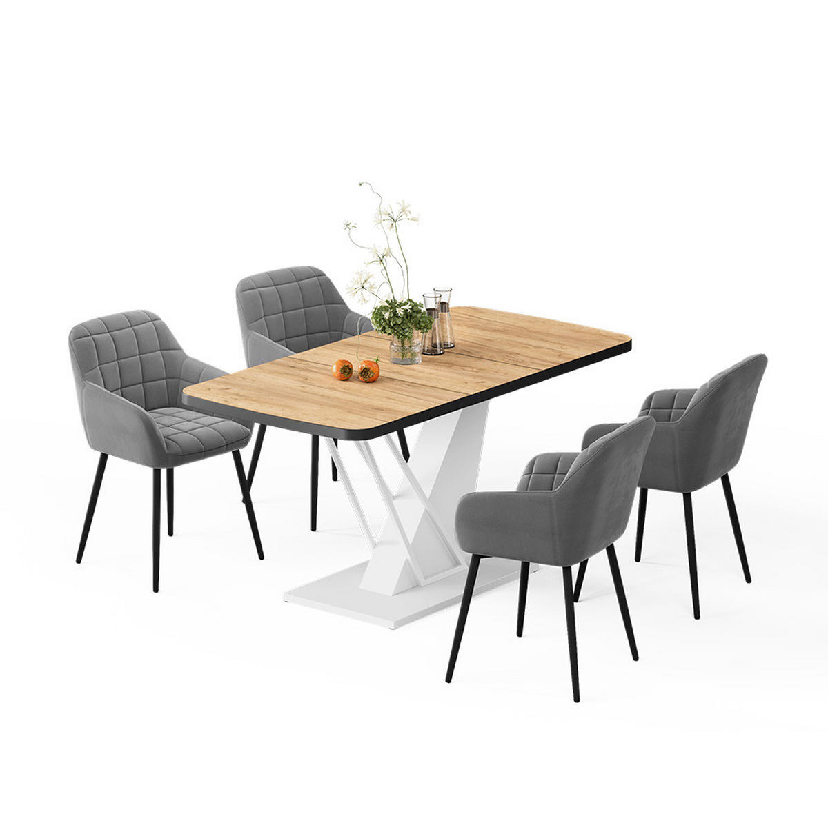 JEDILNA MIZA Fenaro, Zlati hrast z močjo/Bela, 120 x 80 cm s 4 jedilnimi stoli - barve hrasta/bela, leseni material (120/76/80cm) - Vicco