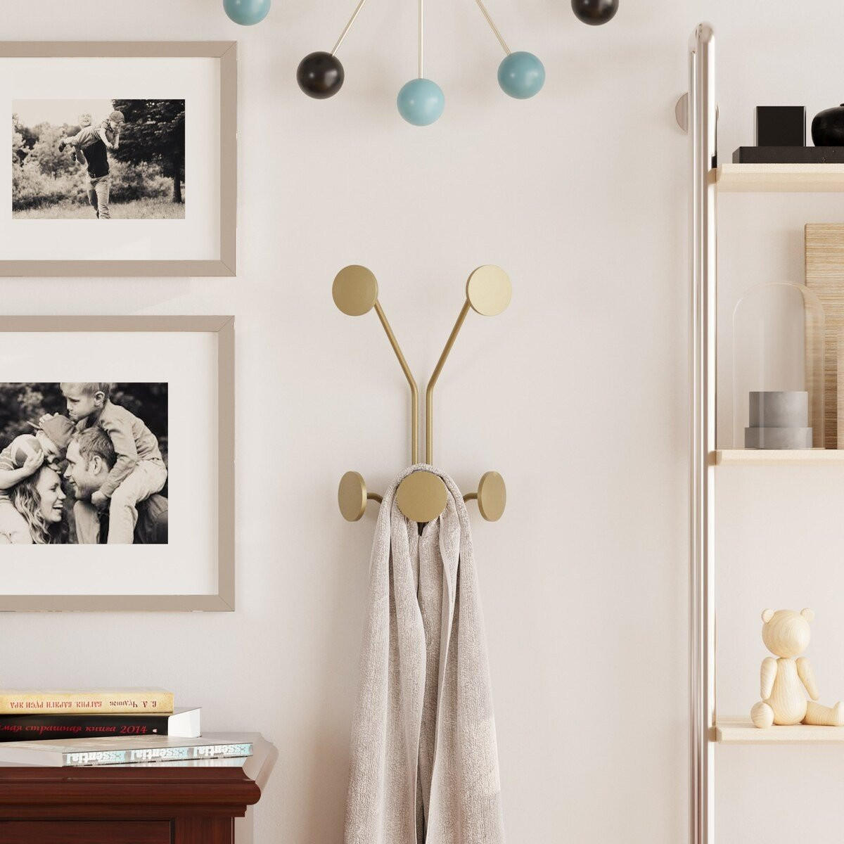 WANDGARDEROBE mit 5 Haken aus goldfarbenem Metall 24/16/40 cm - Goldfarben, Metall (16/40/24cm) - Calicosy