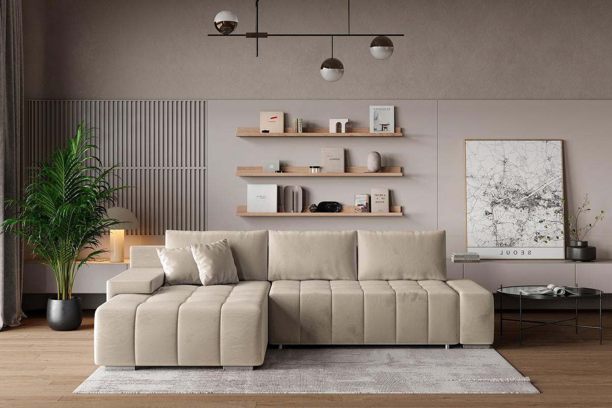 ECKSOFA ALESE L-S Creme Velours-Stoff mit Schlaffunktion - Creme, Holz (265/185cm) - MASSENO