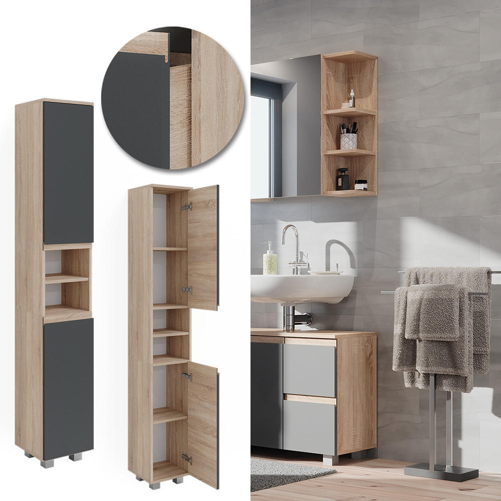 BADSCHRANK J-Shape Sonoma 30 x 190 cm - Anthrazit/Sonoma Eiche, Holzwerkstoff (30/190/30cm) - Vicco