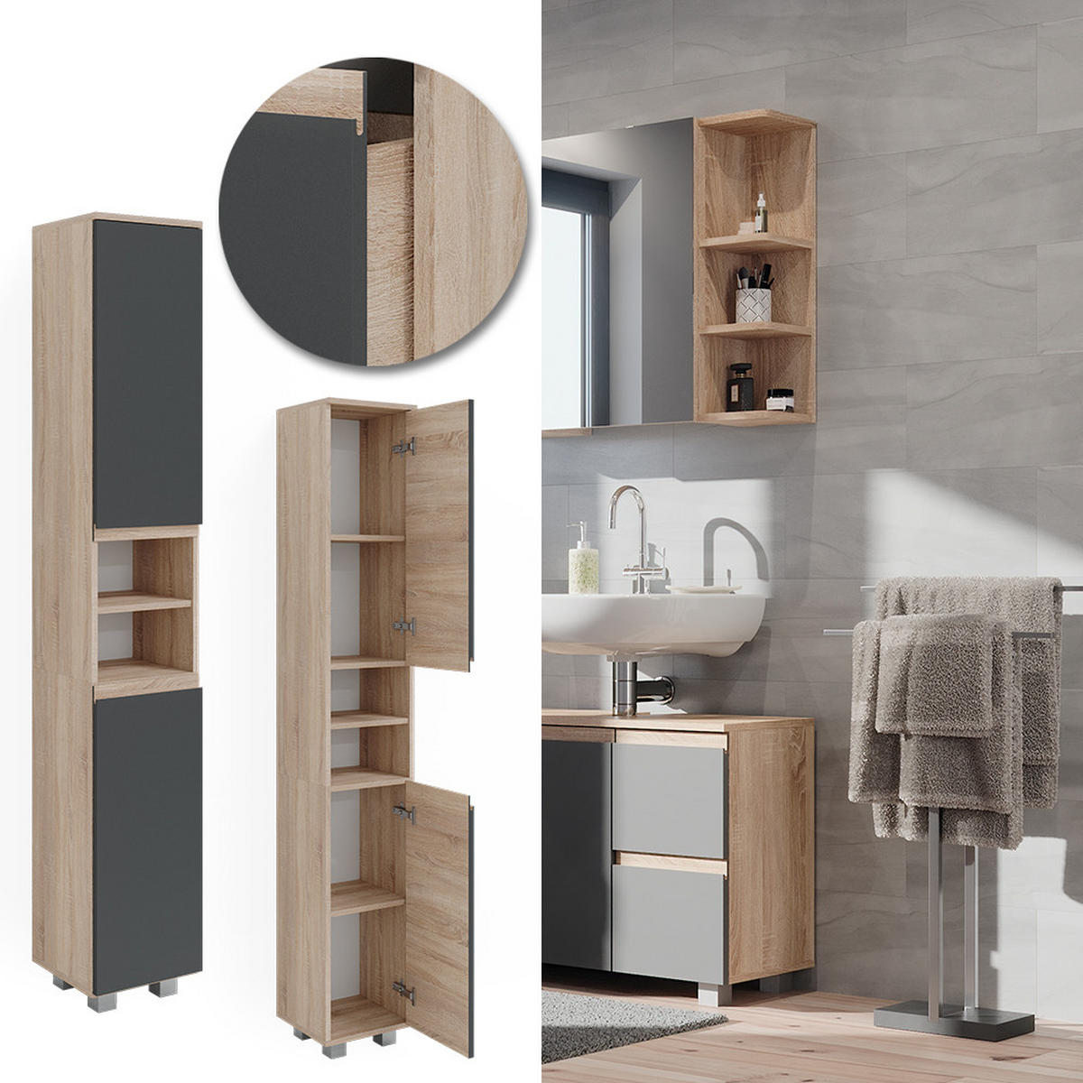 BADSCHRANK J-Shape Sonoma 30 x 190 cm - Anthrazit/Sonoma Eiche, Holzwerkstoff (30/190/30cm) - Vicco