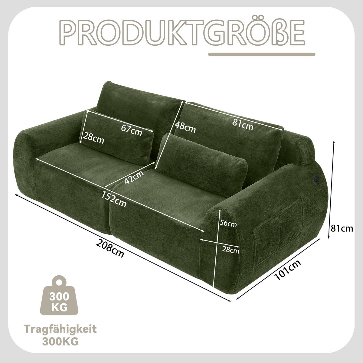 2-SITZER SOFA Kaninchenstil-Kunstfell Grün mit USB und Magazintasche - Grün, Textil (208/81/101cm) - WISHDOR