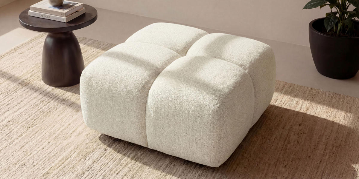 HOCKER, Pouf, Chenille Stoff Puente, Ecru, Averro - Ecru, Holz (88/42/88cm) - Kaiser Möbel