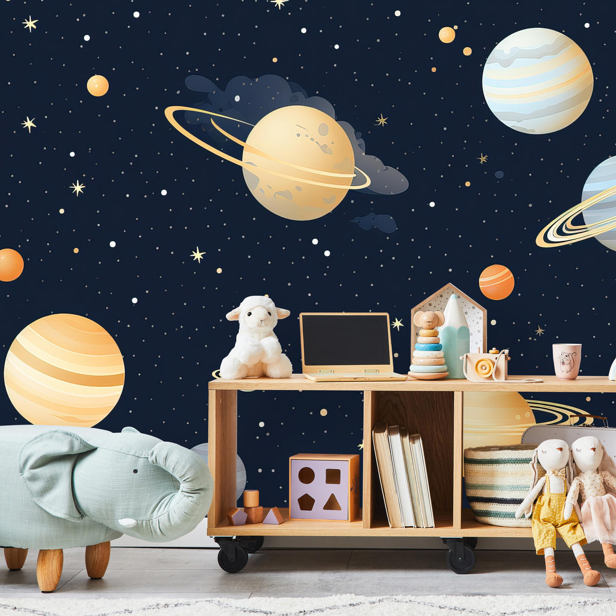 FOTOTAPETE für Kinderzimmer Märchen Galaxie Planeten Sterne 100x70 - Blau/Gelb, Papier (100/70cm) - Muralo