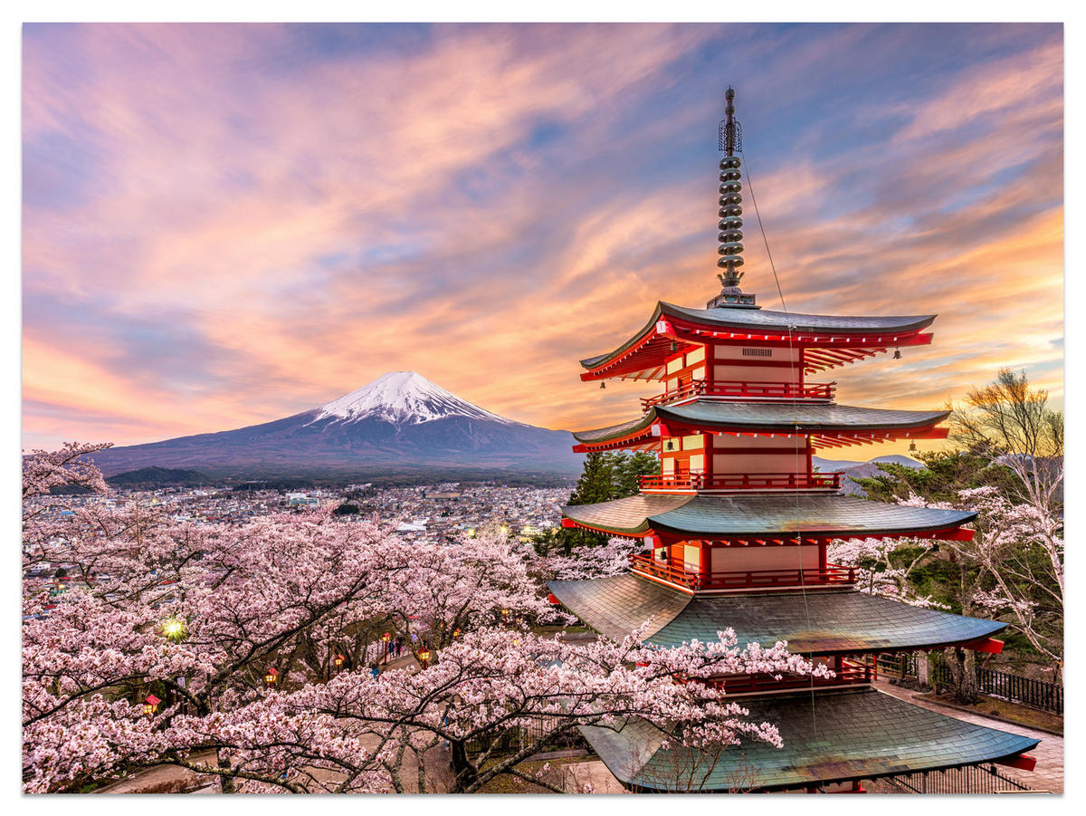 FOTOTAPETE für Wohnzimmer Japanische Pagode Frühling Sonnenuntergang 150x105 - Rot/Violett, Papier (150/105cm) - Muralo