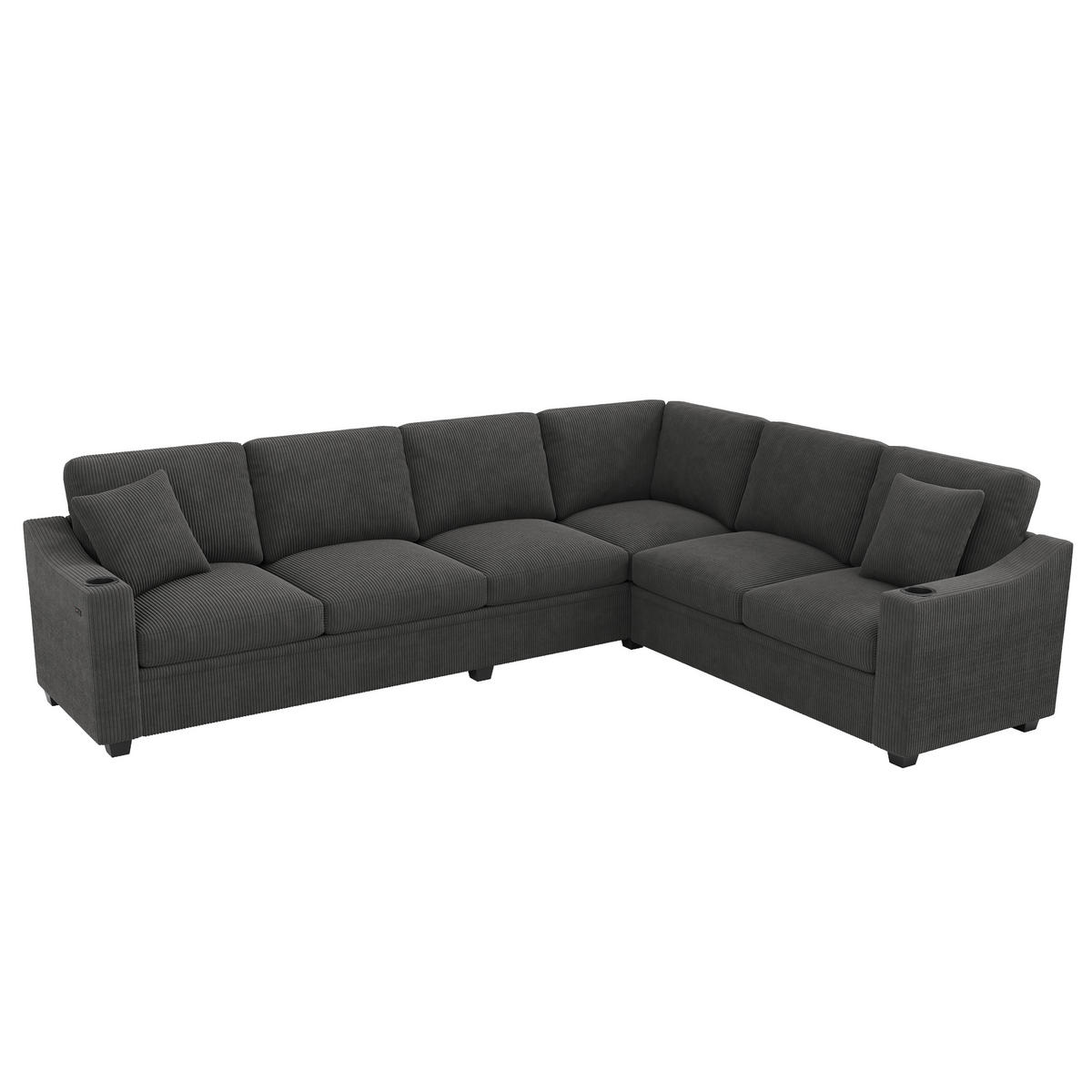 ECKSOFA 277/215/85 cm Grau mit USB/Type-C-Schnellladeanschluss und 2 Getränkehaltern - Grau, Textil (277/215cm) - Oxeza