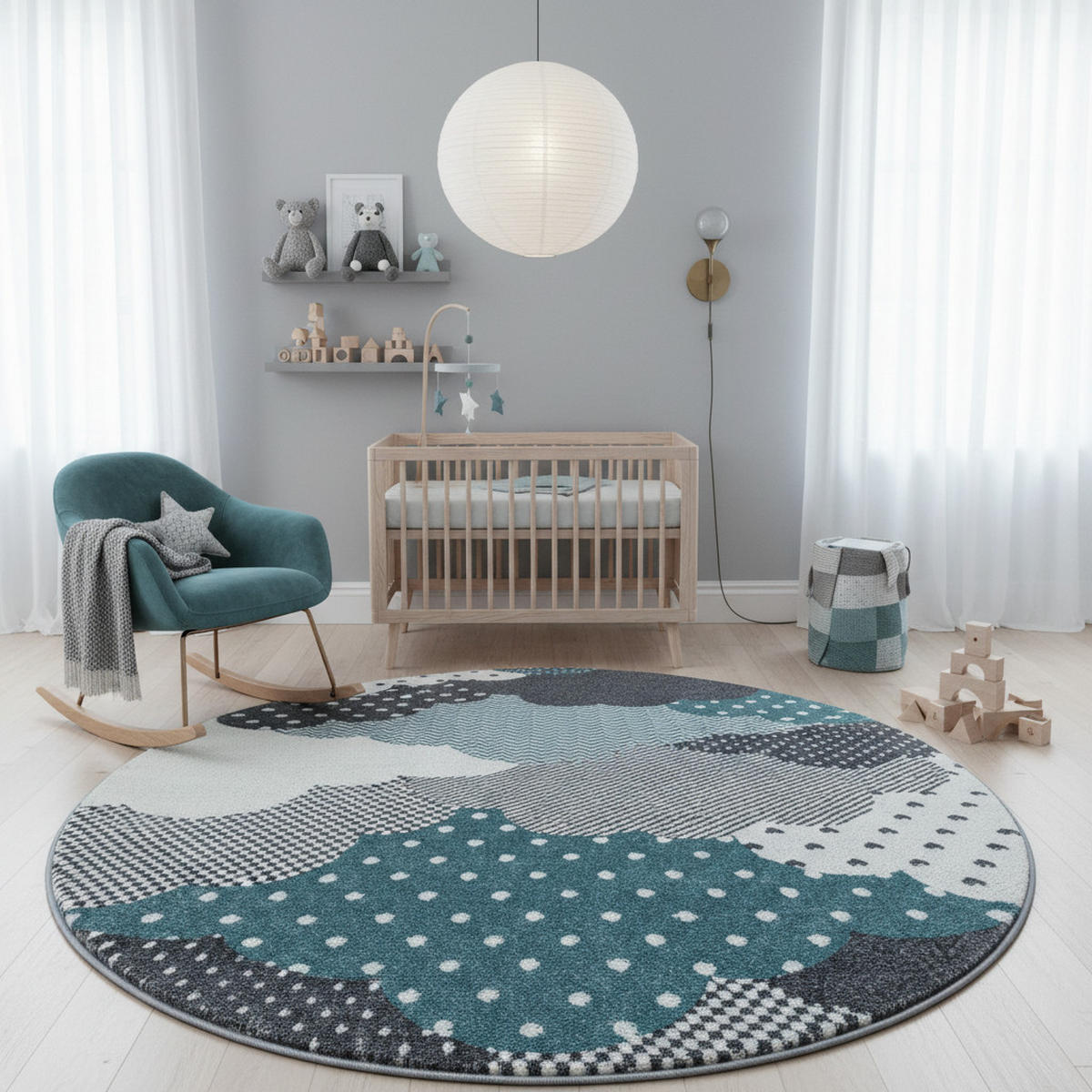 SPIELTEPPICH Wolken Kindgerecht Waschbar Kinderzimmer Schadstoffgeprüft Rund Blau 120x120 cm – NOLA - Blau, Textil (120/120cm) - KADIMA DESIGN