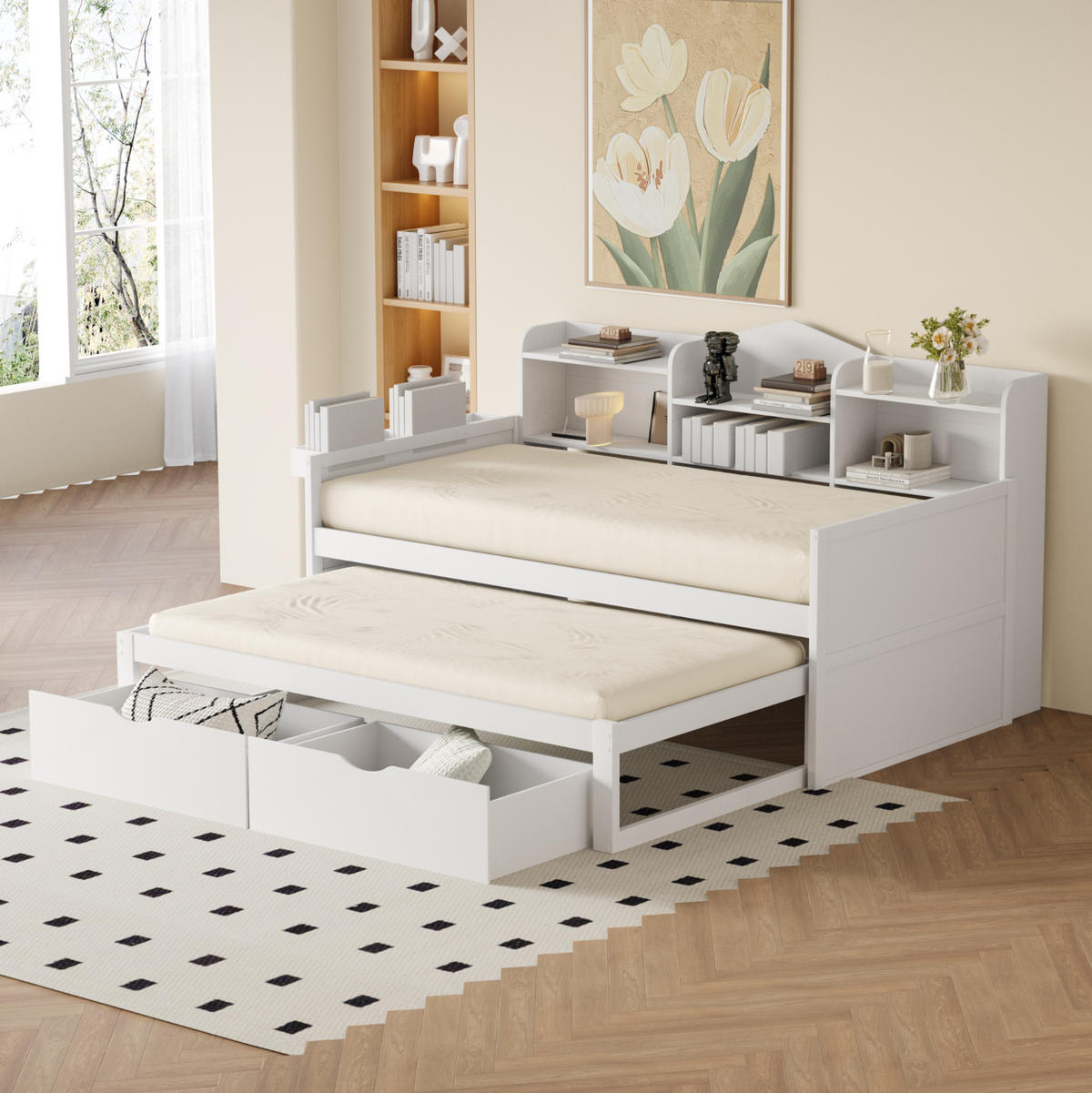 BETT 90/200 cm aus Holz mit Ausziehbett, Weiß - Weiß, Holz (90/200cm) - OKMYHOME