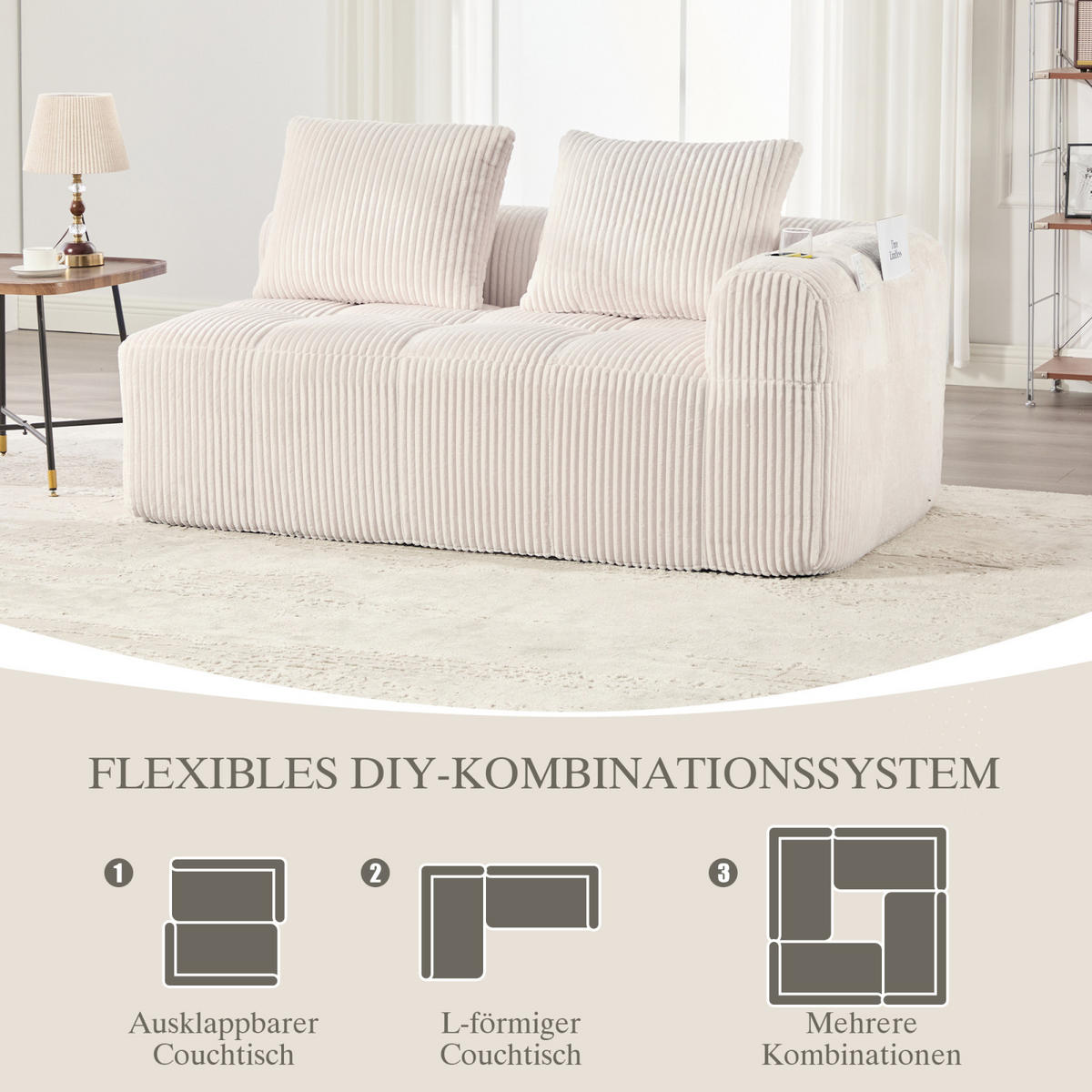 2-SITZER Sofa Beige, Liegesessel Cord mit Getränkehalter und Stauraum - Beige, Textil (158/61/93cm) - PARAFTA HOME