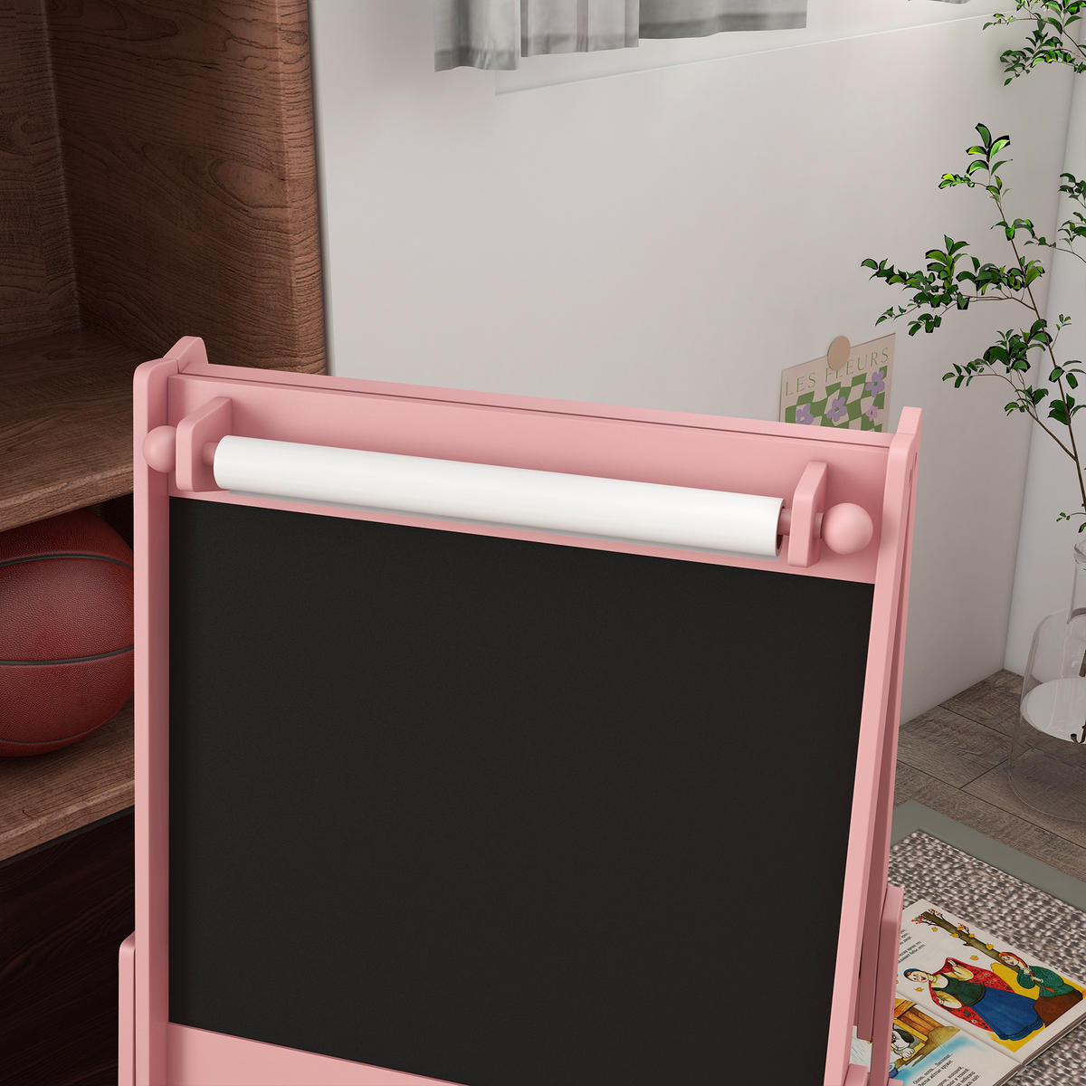 KINDERTAFEL, 3 in 1 Kinder Staffelei, Doppelseitige Standtafel mit Papierrolle - Rosa, Holzwerkstoff (46.5/93/54cm) - AIYAPLAY