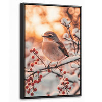 LEINWAND Bilder mit Rahmen - Vogel - Zweig - Winter - Tiere - Schnee - 40x60 - Bernsteinfarben, Textil (40/60cm) - MuchoWow