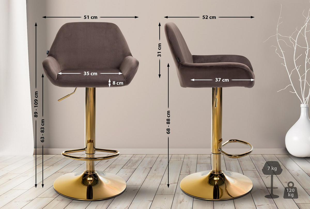 BARHOCKER Samt braun - Goldfarben/Braun, Textil/Metall (51/89/52cm) - CLP
