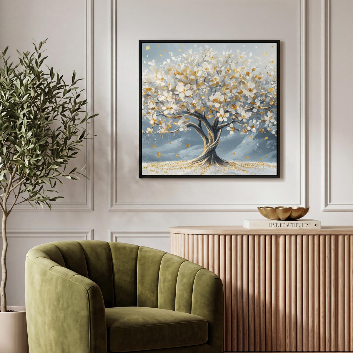 LEINWAND Bilder mit Rahmen - Baum - Winter - Baum des Lebens - Modern - Gold - 50x50 - Goldfarben, Textil (50/50cm) - MuchoWow