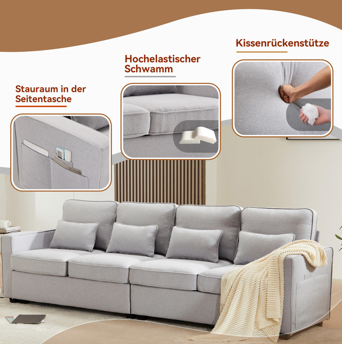 4-SITZER Sofa 264/87/83 cm Grau aus Leinen mit Armlehnentaschen - Hellgrau, Textil (83/87/264cm) - OKMYHOME
