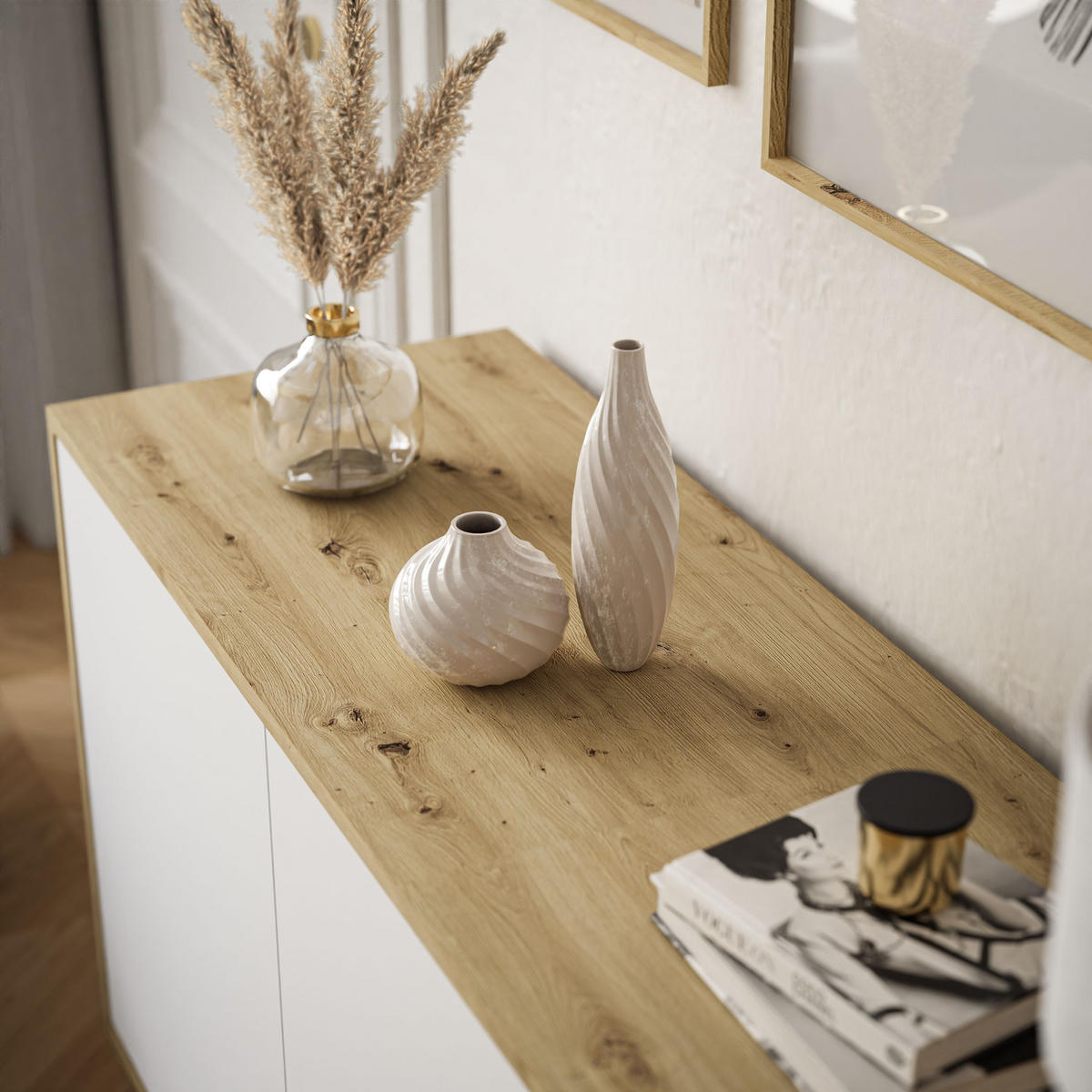 KOMMODE SANAYI III Eiche Artisan/Matte Weiß - Weiß, Holzwerkstoff (154/72/40cm) - Lookway