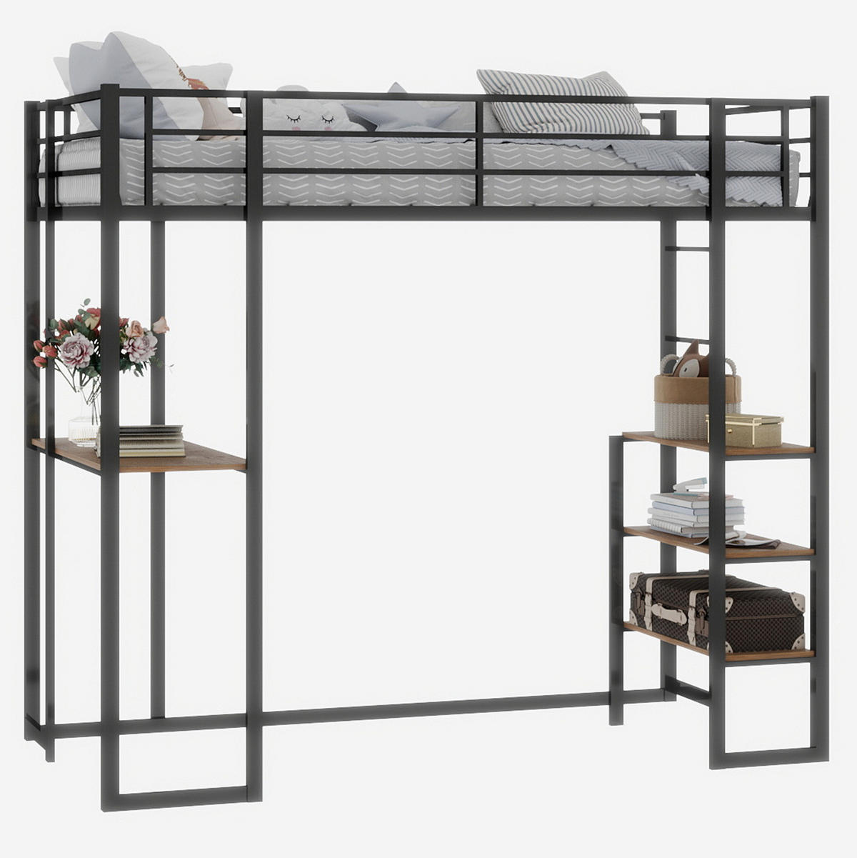 ETAGENBETT 90/200 cm schwarz aus Eisen mit Schreibtisch und beidseitiger Leiter - Schwarz, Metall (90/200cm) - OKWISH
