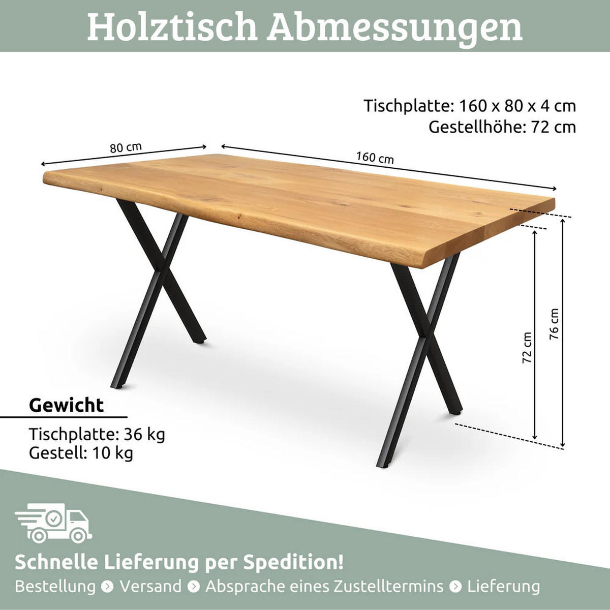ESSTISCH Massivholz mit Baumkante KEANU 160x80 cm Eichenholz X Gestell - Braun, Holz/Metall (80/160/76cm) - DELUKE