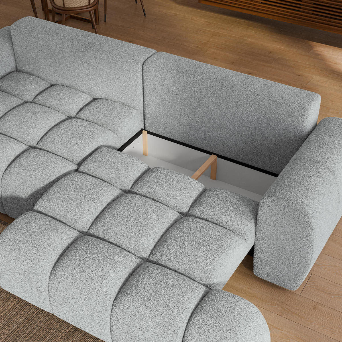 BETTSOFA DAFNE Hellgrau Bucle-Stoff mit Schlaffunktion - Hellgrau, Textil (300/88/113cm) - MASSENO