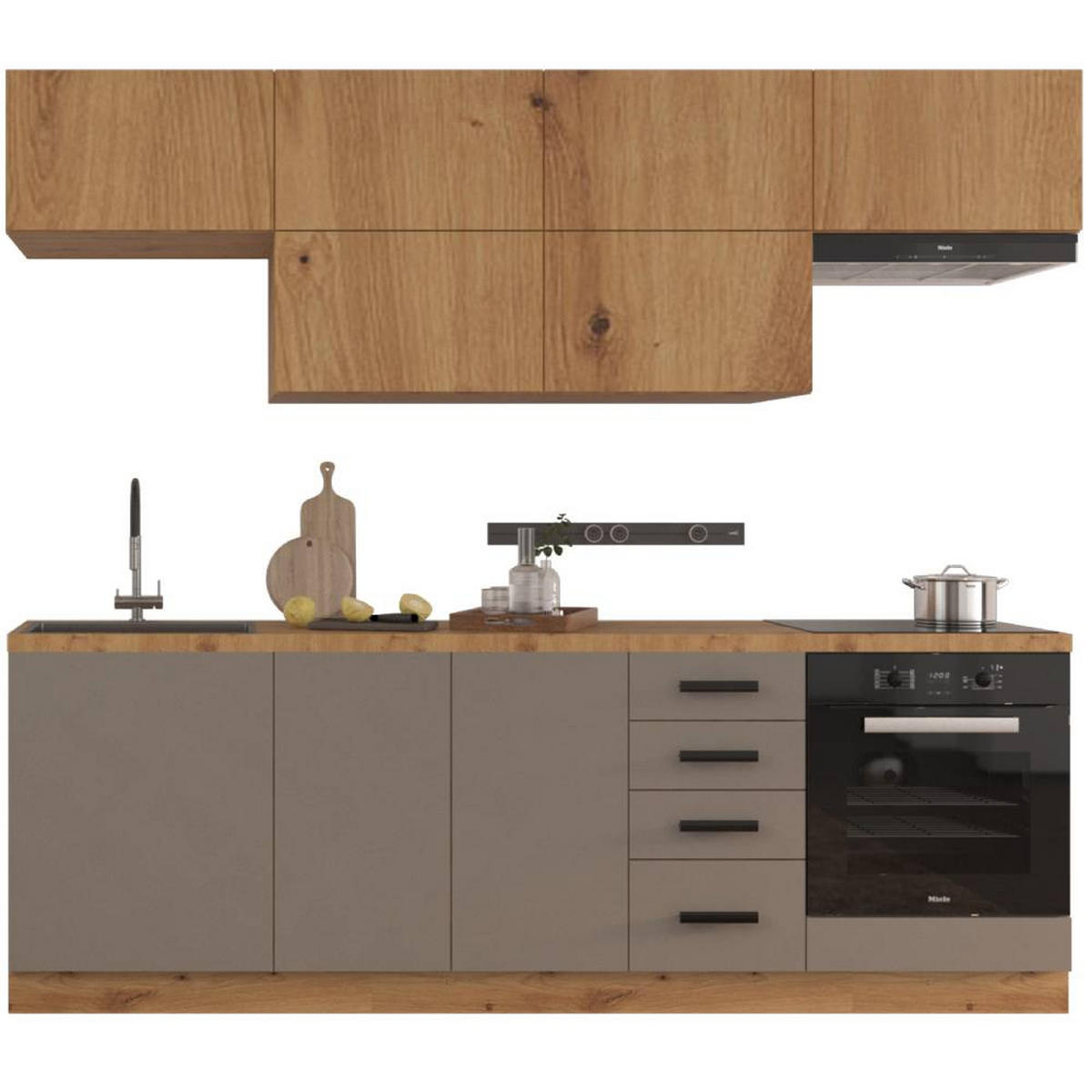 KÜCHENZEILE 240 cm - Langen KL2-M240 in Beige/Artisan Eiche - Beige/Schwarz, Holz/Metall (240/212/58cm)