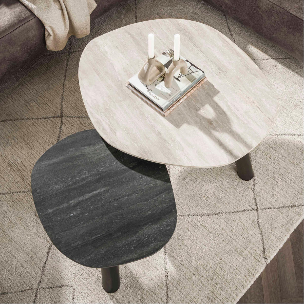 COUCHTISCH-SET TWIN BICOLORE GRANDE Organische Log-Satztische - Anthrazit/Beige, Keramik (87/100/41cm) - alesvelt