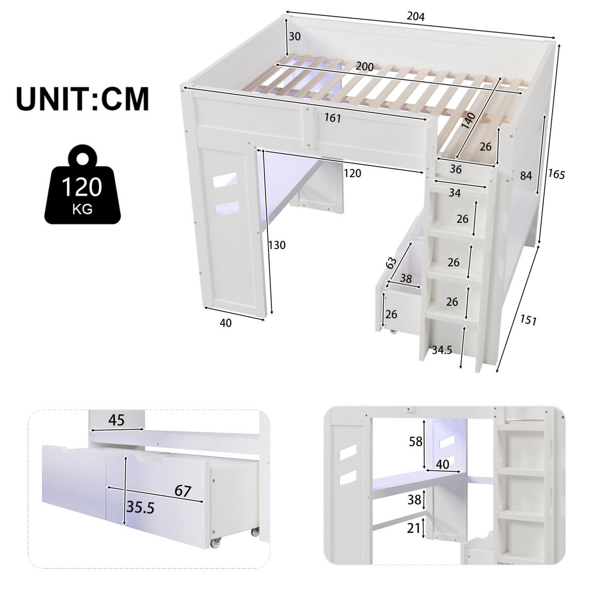 HOCHBETT 140/200 cm, Weiß mit Schreibtisch, LED-Lichtleiste - Weiß, Holz (140/200cm) - MIVRAY