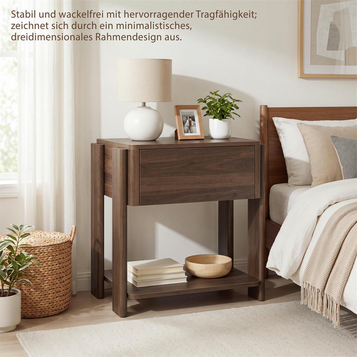 NACHTTISCH 48x39x56 cm mit 1 Schublade und Unterer Ablage - Abgerundetes Design - Robuste Holzbeine - Walnuss - Walnussfarben, Holzwerkstoff (39/56/48cm) - DELFA