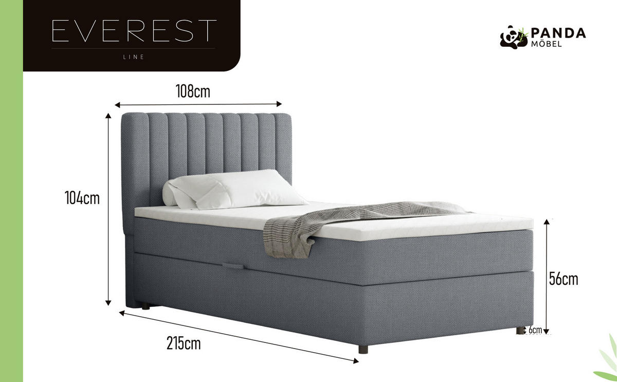 BOXBETT Everest 100 x 200 cm Einzelbett mit hochwertiger Bonell-Matratze und Topper - Dunkelgrau, Holz (100/200cm) - Panda Möbel