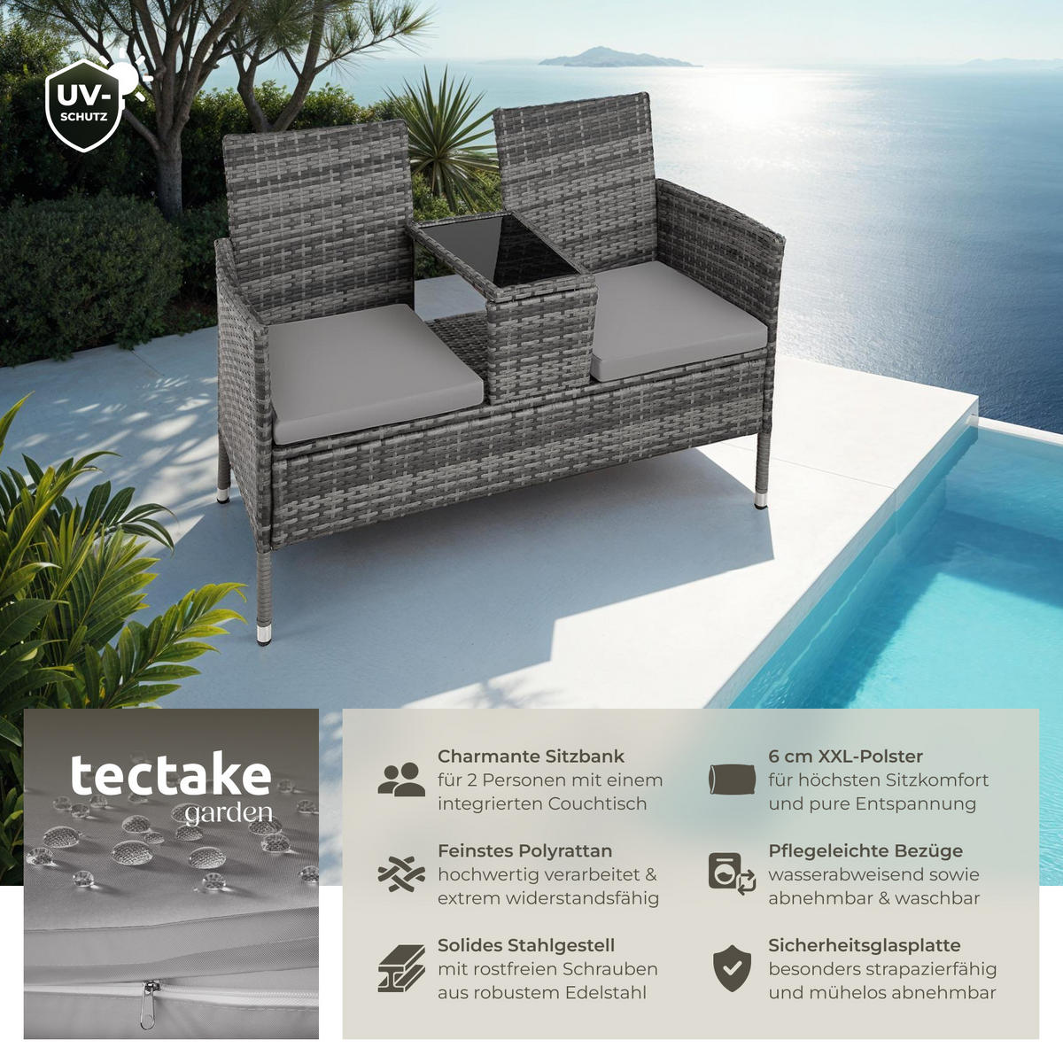 RATTAN GARTENSITZBANK Narbonne,131 x 59 x 82 cm,grau/hellgrau - Grau, Kunststoff (61/82/131cm) - tectake