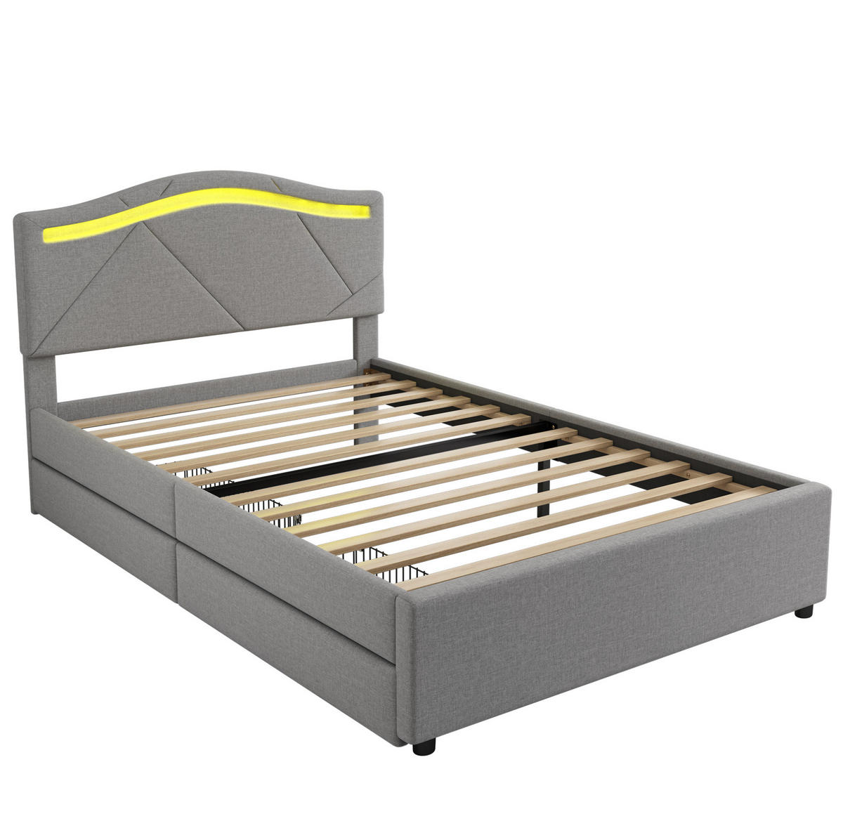 POLSTERBETT 90/200 cm Grau mit LED, 2 Schubladen und verstellbarem Kopfteil - Grau, Textil (90/200cm) - MIVRAY