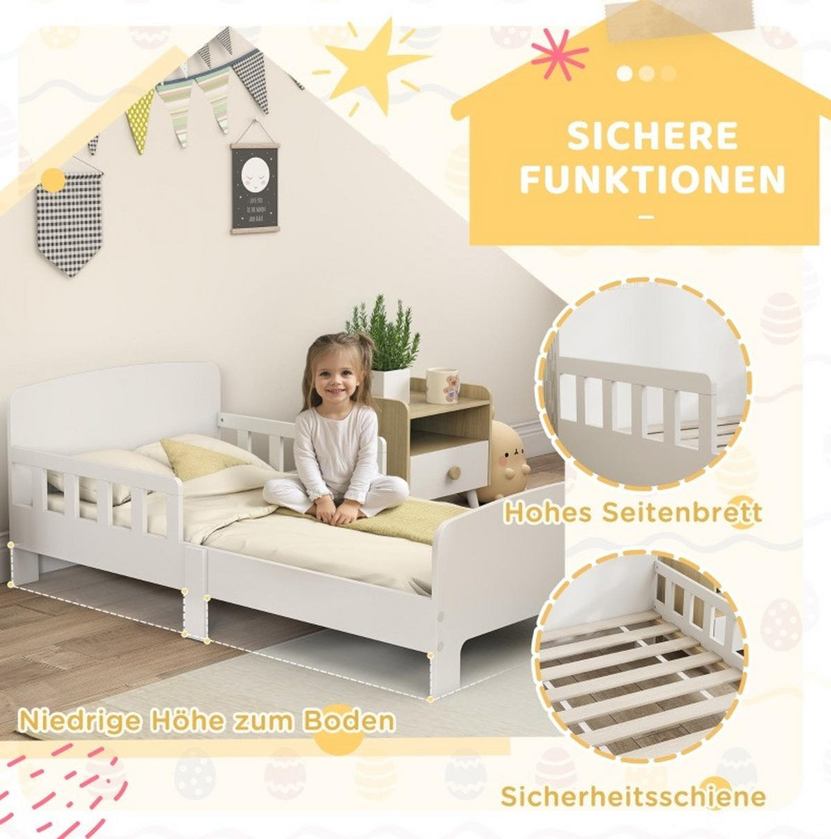 KINDERBETT 140/70 cm aus Holz mit beidseitigen Schutzschienen Weiß - Weiß, Holz (140/70cm) - Modenvie