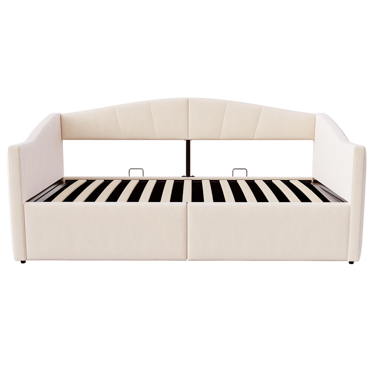 POLSTERBETT 90/200 cm mit hydraulischem Bettkasten, Lattenrost und Armlehnen aus Samt, Beige - Beige, Textil (90/200cm) - Redom