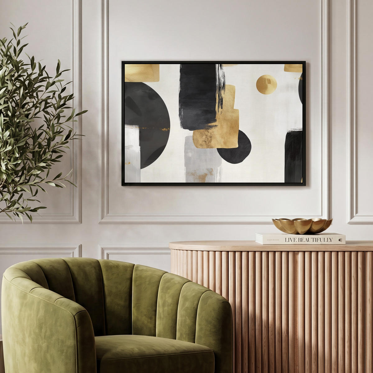 LEINWAND Bilder mit Rahmen - Gold - Rechtecke - Kreise - Abstrakt - 60x40 - Weiß, Textil (60/40cm) - MuchoWow