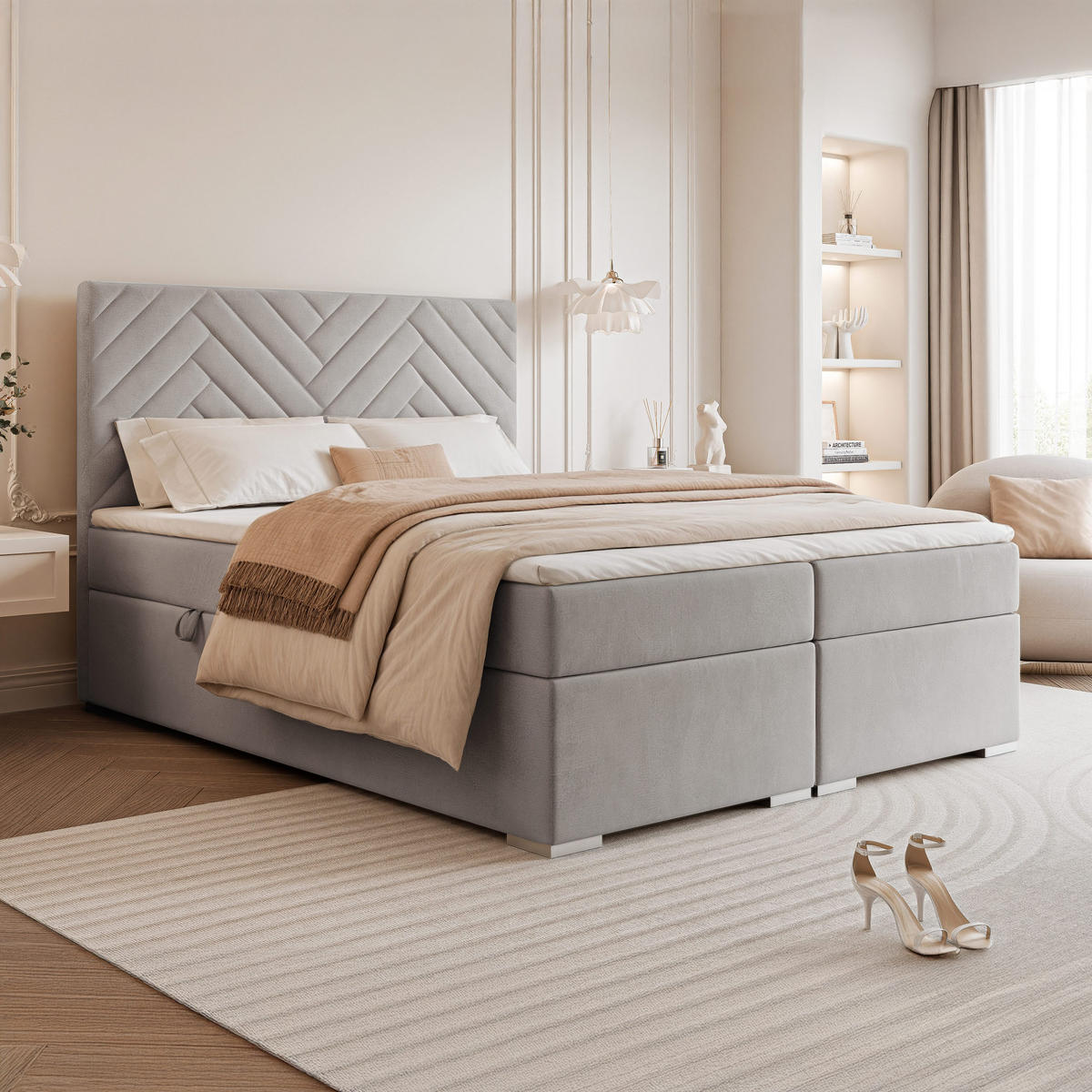 BOXBETT NEREA 160/200 cm mit Matratze und Topper, Hellgrau - Hellgrau, Textil (160/200cm) - Idohome