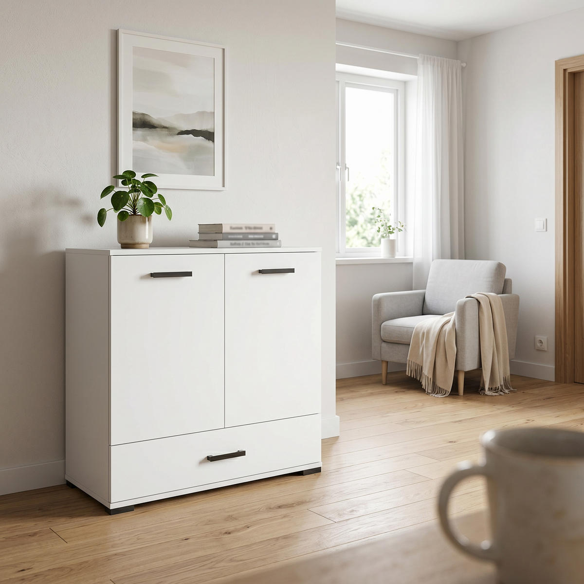 KOMMODE ALBANO 90/83/40cm mit 1 Schubladen 2 Türen Weiß - Weiß, Holzwerkstoff (90/83/40cm) - MASSENO